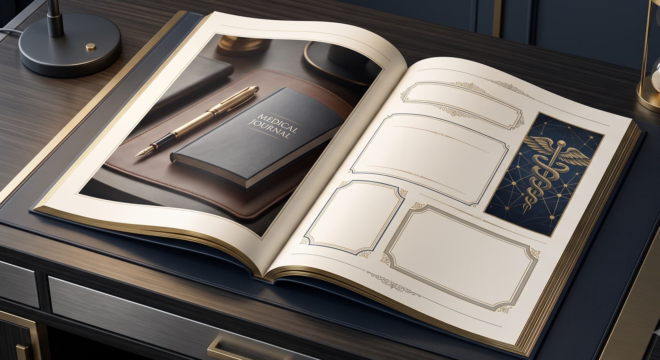 Open premium healthcare magazine on a desk